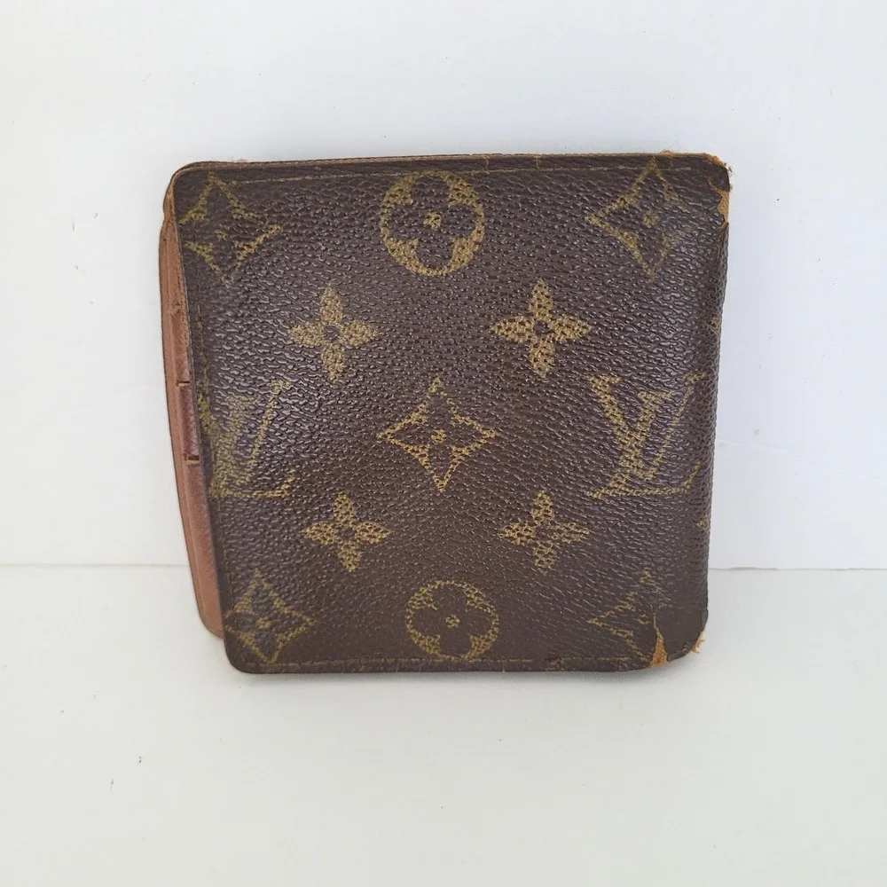 Louis Vuitton Monogram Bifold Wallet Brown Coated Canvas Coin Pocket Vintage